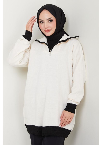 Garni Detaylı Yakası Fermuarlı Triko Tunik Beyaz HM2560 fırsatları
