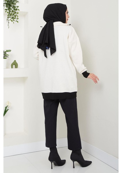 Garni Detaylı Yakası Fermuarlı Triko Tunik Beyaz HM2560 indirimleri