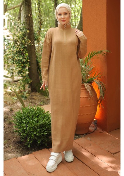 Fitilli Yarım Fermuarlı Triko Elbise Camel HM2520