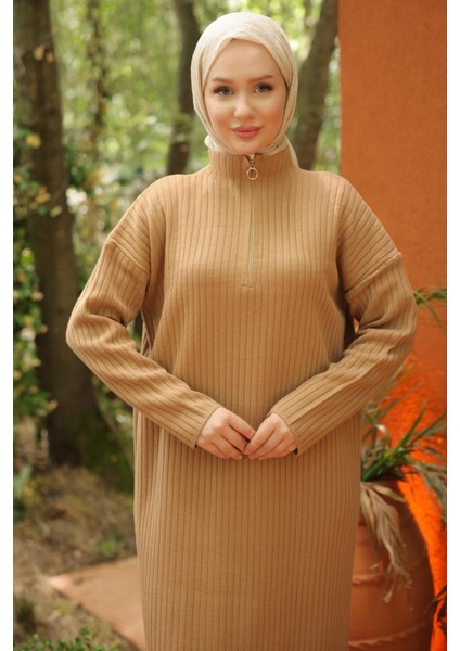 Fitilli Yarım Fermuarlı Triko Elbise Camel HM2520 fiyatları