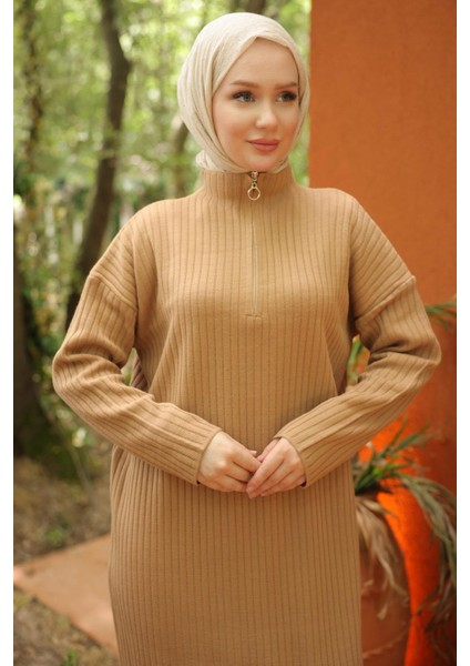 Fitilli Yarım Fermuarlı Triko Elbise Camel HM2520 fırsatları