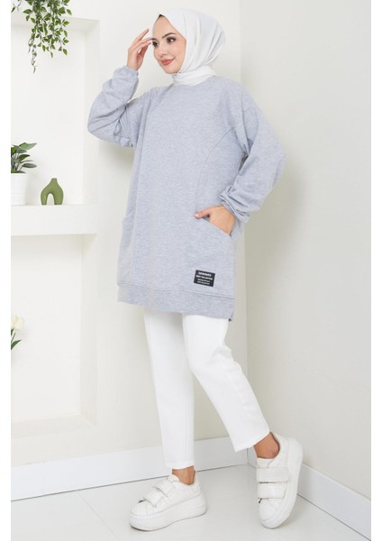 Torba Cepli Bisiklet Yakalı Sweatshirt Tunik Gri HM2509