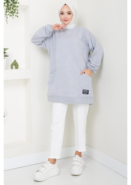 Torba Cepli Bisiklet Yakalı Sweatshirt Tunik Gri HM2509