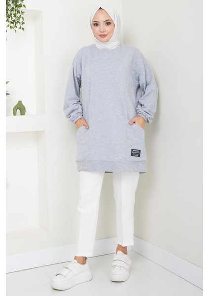 Torba Cepli Bisiklet Yakalı Sweatshirt Tunik Gri HM2509
