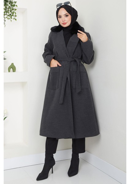 Yakası Kürklü Nervür Detaylı Kaşe Kaban Antrasit HM2576