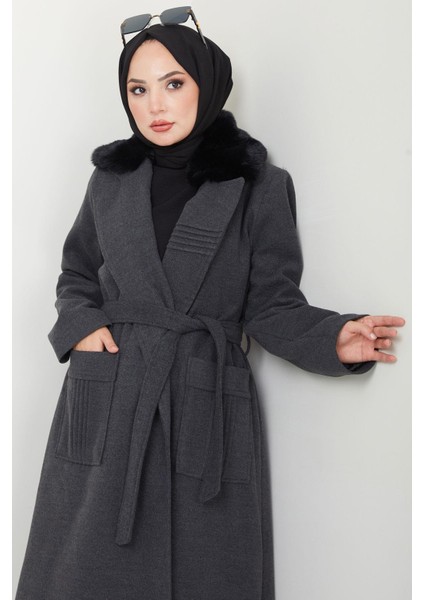 Yakası Kürklü Nervür Detaylı Kaşe Kaban Antrasit HM2576 fiyatları