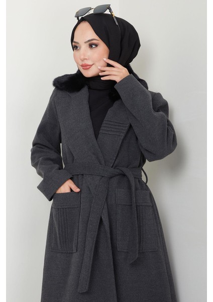 Yakası Kürklü Nervür Detaylı Kaşe Kaban Antrasit HM2576 fırsatları