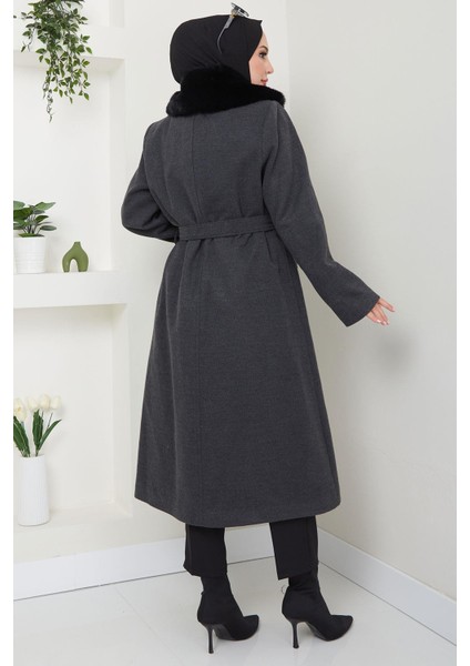 Yakası Kürklü Nervür Detaylı Kaşe Kaban Antrasit HM2576 indirimleri