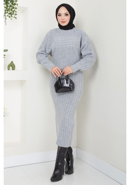 Örgü Desenli Jile Bluz Triko Takım Gri HM2559