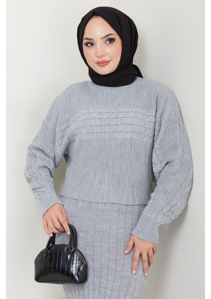 Örgü Desenli Jile Bluz Triko Takım Gri HM2559 fiyatları