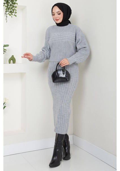 Örgü Desenli Jile Bluz Triko Takım Gri HM2559 modelleri