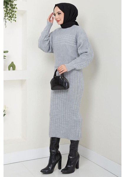 Örgü Desenli Jile Bluz Triko Takım Gri HM2559 fırsatları