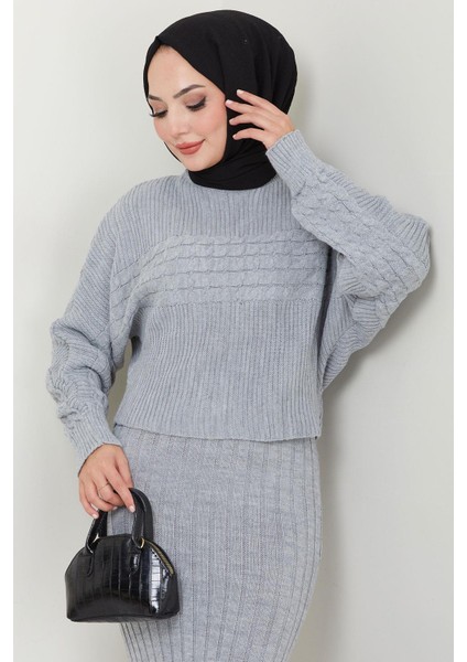 Örgü Desenli Jile Bluz Triko Takım Gri HM2559 indirimleri