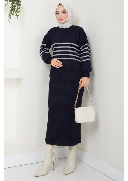 Çizgili Jile Kazak Triko Takım Lacivert HM2596