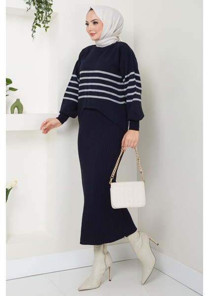 Çizgili Jile Kazak Triko Takım Lacivert HM2596 modelleri