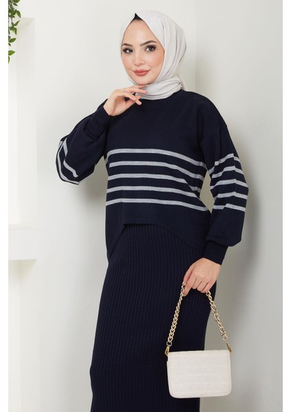 Çizgili Jile Kazak Triko Takım Lacivert HM2596 fırsatları