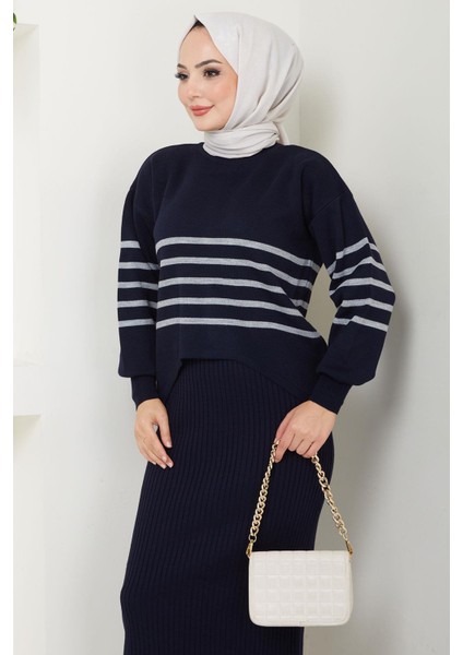 Çizgili Jile Kazak Triko Takım Lacivert HM2596 indirimleri