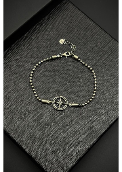 925 Ayar Gümüş Pusula Figürlü Siyah Zirkon Taşlı Gümüş Renk Erkek Bileklik FRJ12217-3217-S2