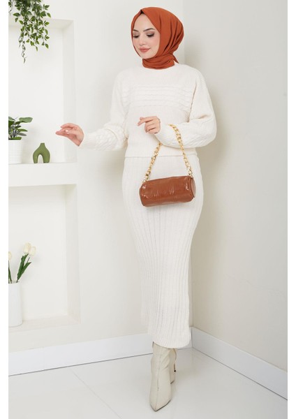 Örgü Desenli Jile Bluz Triko Takım Beyaz HM2559 fiyatları