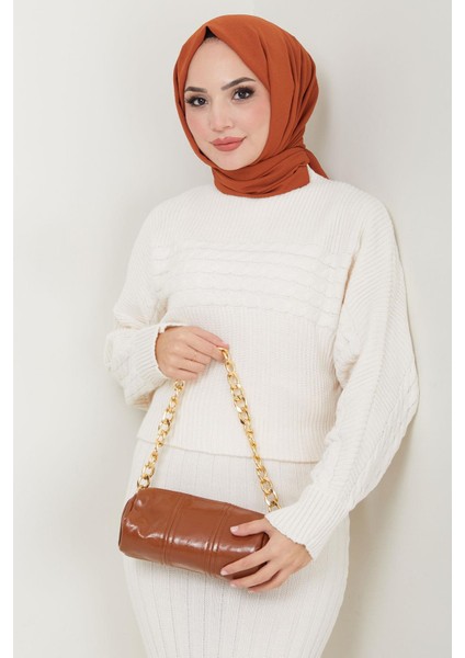 Örgü Desenli Jile Bluz Triko Takım Beyaz HM2559 modelleri