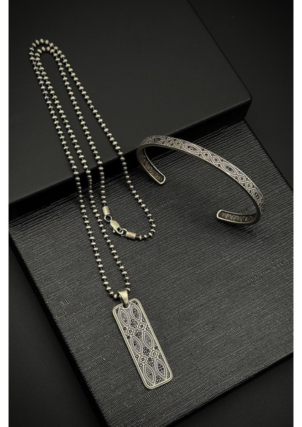 925 Ayar Gümüş Zirkon Taşlı Siyah Renk Erkek Bileklik/kolye Set FRJ12203-3203-S