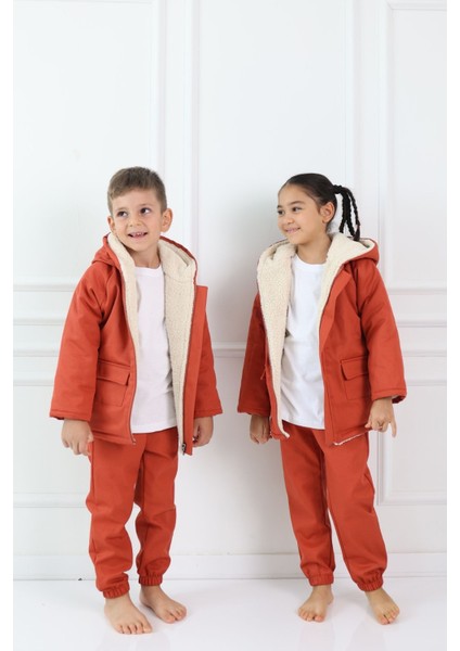 Erkek Çocuk Kız Çocuk Mont Kaban Peluş Polar Astarlı Kapüşonlu Gabardin Kumaş Sarı