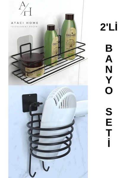 Yapışkanlı 2li Banyo Düzenleyici Banyo Aksesuarı Banyo Rafı Fön Makinesi Askısı