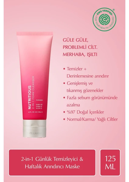 Estee Lauder Nutritious 2-in-1 Yüz Temizleme Köpüğü & Maske, Gözenekler, Yağ Kontrolü, Doğal İçerikler - 125ml