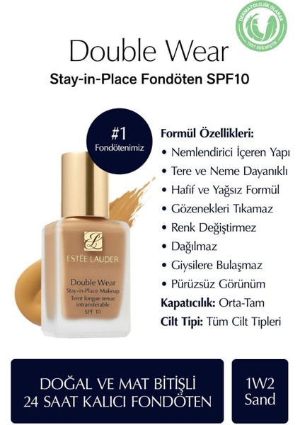 Estee Lauder Doğal ve Mat Bitişli - Double Wear Stay-in-Place Fondöten SPF 10 ( 1W2 Sand ) - 30 ml