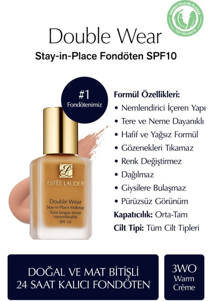 Estee Lauder Doğal Ve Mat Bitişli - Double Wear Stay-In-Place Fondöten Spf 10 ( 3w0 Warm Creme ) - 30 Ml