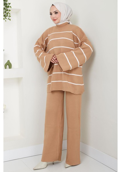 Yarım Balıkçı Yaka Çizgili Triko Takım Camel HM2553 fırsatları