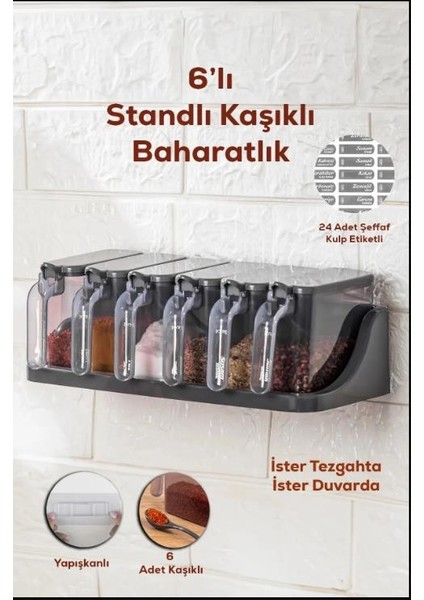Stantlı 6'lı Siyah Tezgah Üstü Kaşıklı Baharat Takımı Yapışkanlı Duvara Monte