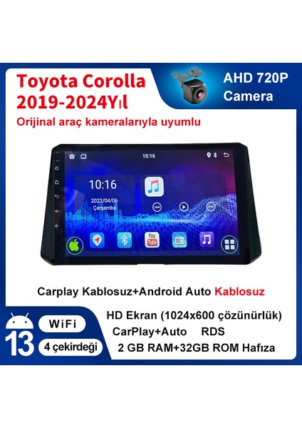 Toyota Corolla 2019-2024 Android Kablosuz Carplay Navigasyon Multimedya 2Gb Ram + 32Gb Hafıza 10 Inch Ekran Çerçeveli ve arka görüş kameralı