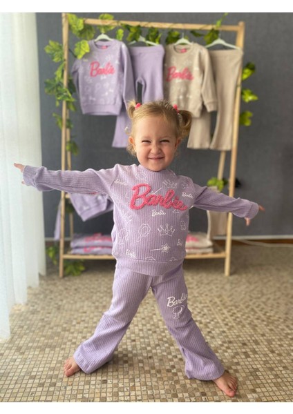 Kız Çocuk Kaşkorse Likralı Barbie Nakış-Baskılı Ispanyol Paça Takım