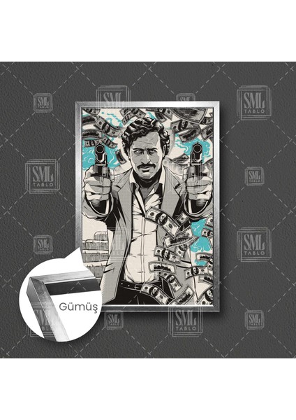 Art Baron Kartel Mafya Dolar Silah Dekor Çerçeveli Dikey Kanvas Tablo