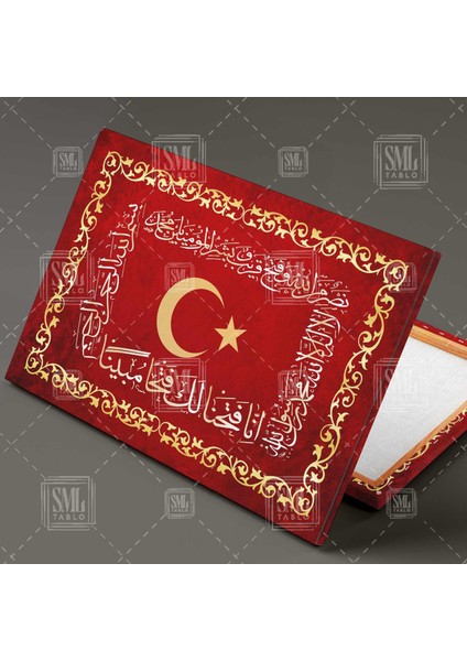 Kırmızı ve Gold Bayrak Osmanlı Fetih Sancağı Kelimei Tevhid Besmele ve Fetih Suresi Yatay Kanvas Tablo