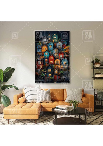 Göl Kenarı Ahşap Evler Şirin Köy Soyut Evler Dikey Kanvas Tablo