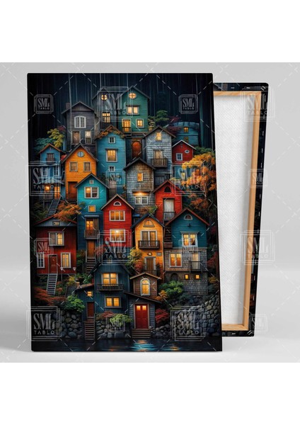 Göl Kenarı Ahşap Evler Şirin Köy Soyut Evler Dikey Kanvas Tablo fiyatları