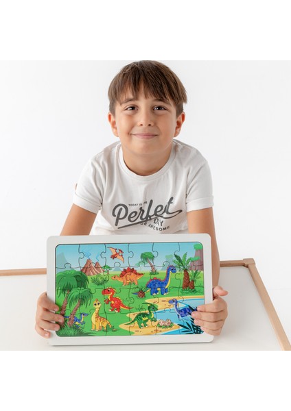 Montessori Dinazorlar 24 Parça Ahşap Puzzle Seti / Eğitici, Öğretici ve Güvenli Çocuk Oyuncağı