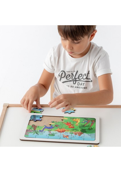 Montessori Dinazorlar 24 Parça Ahşap Puzzle Seti / Eğitici, Öğretici ve Güvenli Çocuk Oyuncağı