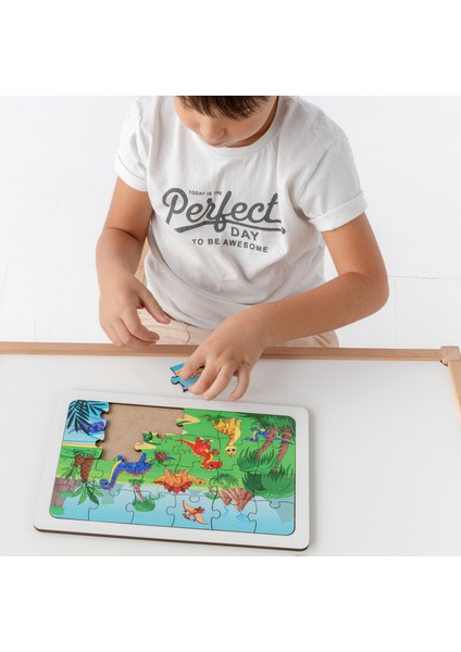 Montessori Dinazorlar 24 Parça Ahşap Puzzle Seti / Eğitici, Öğretici ve Güvenli Çocuk Oyuncağı