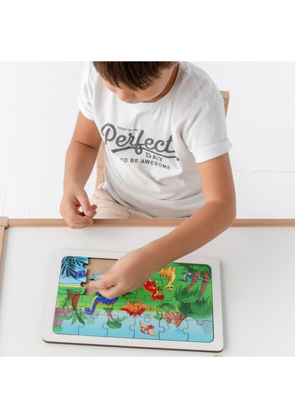 Montessori Dinazorlar 24 Parça Ahşap Puzzle Seti / Eğitici, Öğretici ve Güvenli Çocuk Oyuncağı