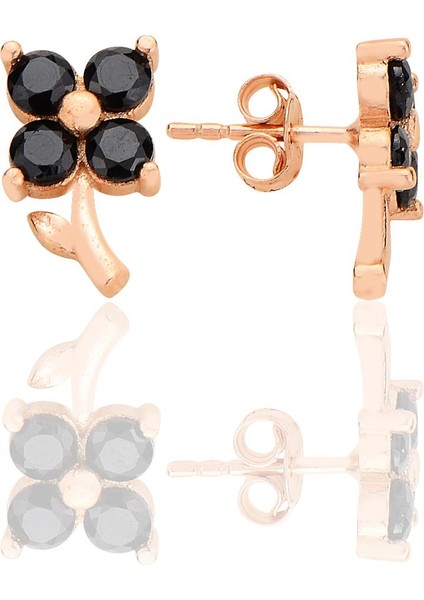 Gümüş Rose Onix Taşlı Şans Çiçeği Yonca Küpe SGTL12623SIYAH