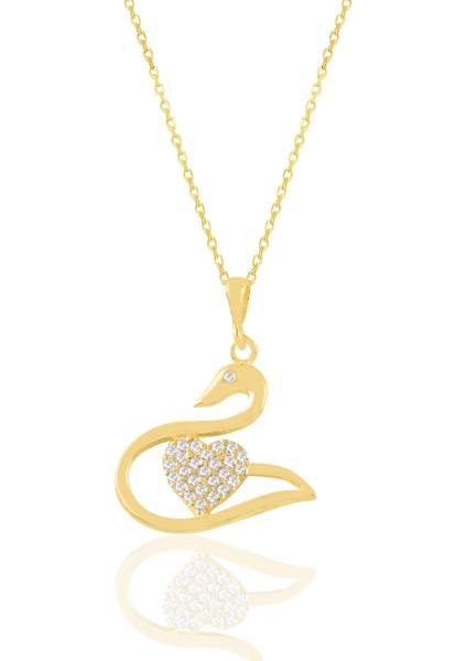 Gümüş Altın Yaldızlı Zirkon Taşlı Kalpli Kuğu Kolye SGTL11027GOLD