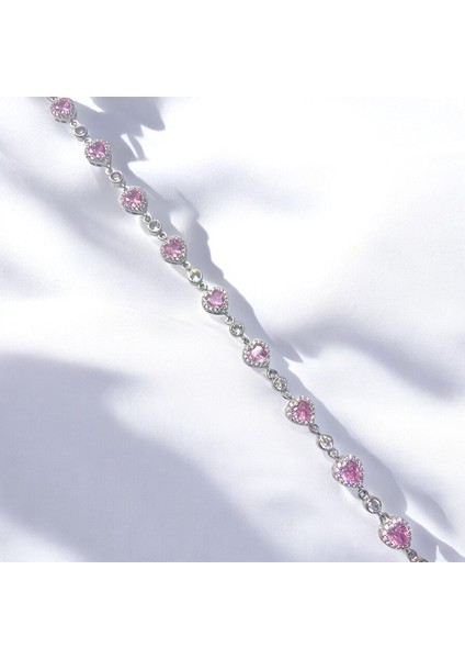 925 Ayar Gümüş Zirkon Taşlı Pembe Kalpli Prenses Bileklik fiyatları