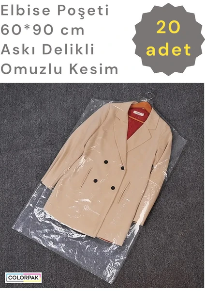 Elbise Poşeti (60*90 CM) Askı Delikli Omuzlu Kesim (20 ADET) Şeffaf Kıyafet Koruma Hurç Kılıf Naylon