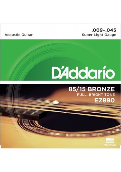 EZ890 Akustik Gitar Tel Seti, 85/15 Bronze, Super Lıght