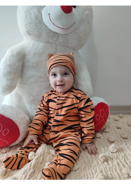 Pooh Desenli Zebra Çizgili Şapkalı Sweatli 3lü Kız Erkek Bebek Tulumu (Turuncu) Turuncu