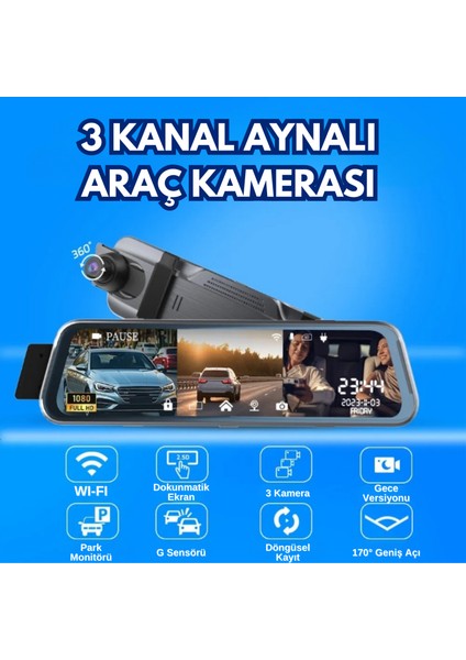 10 Inch Dikiz Aynası Araç Kamerası Tam Ekran Dokunmatik 1080P Ekranlı 3 Kameralı