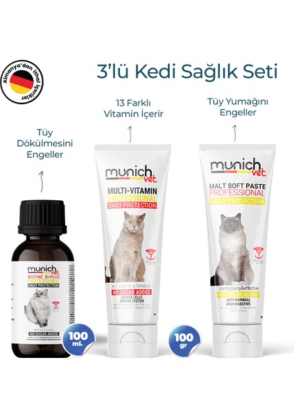 Kedi 3'lü Seti Tüy Sağlığı Damlası + Malt Pasta + Multi Vitamin Pasta Munich Set